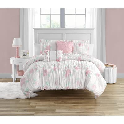 Tabitha Smocked Pink 4-Pieces Brushed Microfiber Comforter Set-Twin