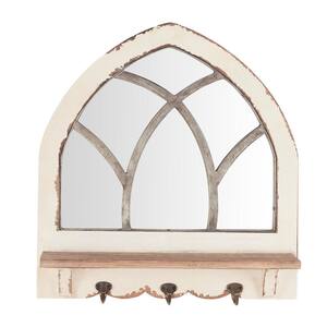 18 in. H x 19 in. W Arched Windowpane Framed Antiqued White Wood Mirror with 3 Hooks