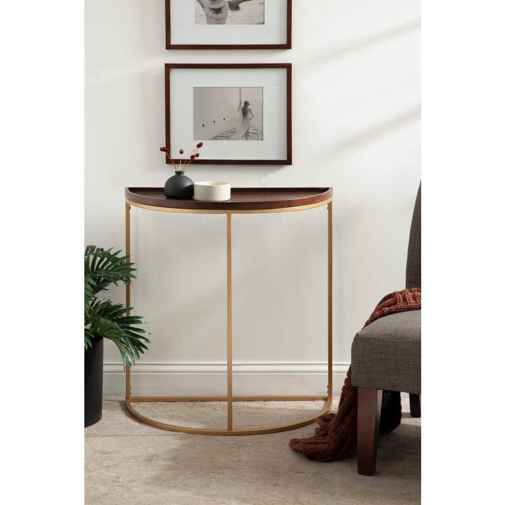 Walnut Brown and Gold Half-Circle Console Table with Storage