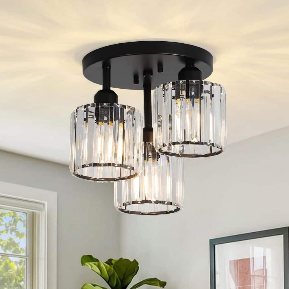 Trio 11 in. 3 Light Modern Black Semi Flush Mount  With Clear Crystal Shades for Hallway,Bedroom No bulb(s) included price history on PriceWatchPro