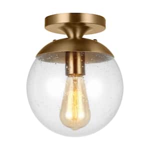Leo 8 in. 1-Light Satin Brass with Clear Seeded Glass Shade Flush Mount