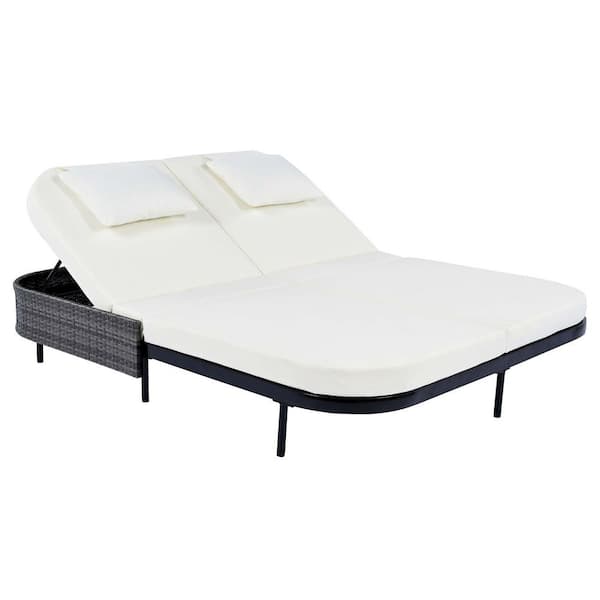 Black Metal Patio Outdoor Day Bed with Beige Cushions, 5-Position Adjustable Backrest