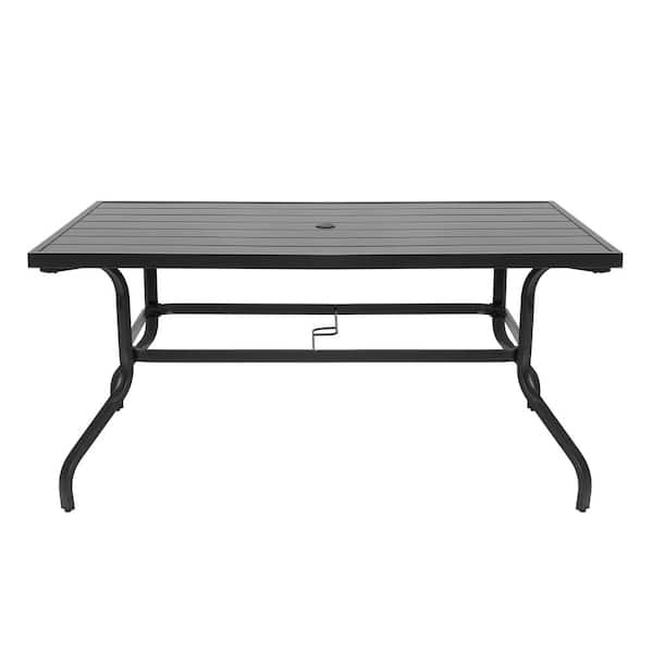 Nuu Garden Black Rectangle Powder-Coated Iron Outdoor 61 in. x 37 in. Dining Table with 1.57 in. Umbrella Hole