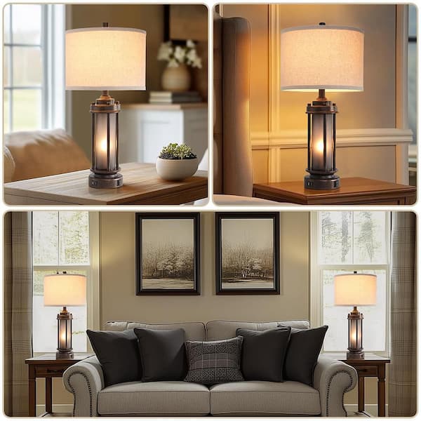 25 in. Bronze Rustic Vintage Lantern Table Lamp with 2 Bulbs