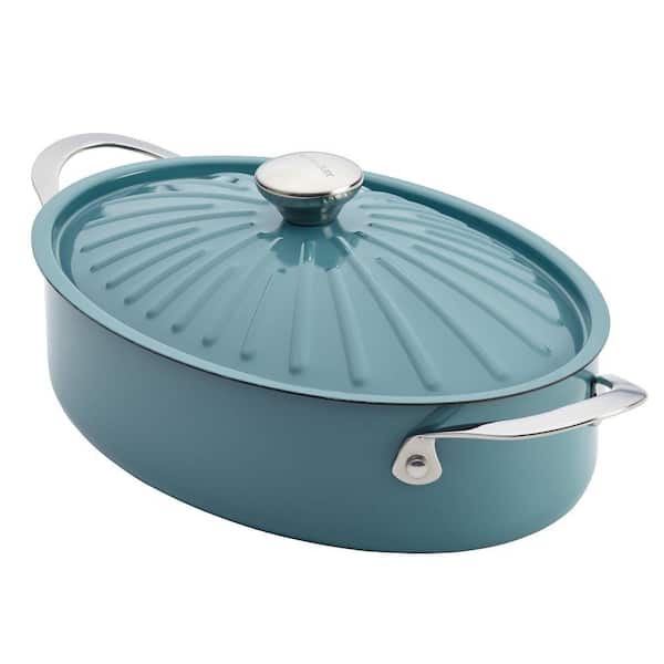 Rachael Ray Cucina Oven-To-Table Hard Enamel Nonstick 5 qt. Covered Oval Sauteuse in Agave Blue