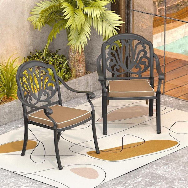 Black Stackable Cast Aluminum Patio Outdoor Dining Chairs with Brown Seat Cushions (Set of 2)