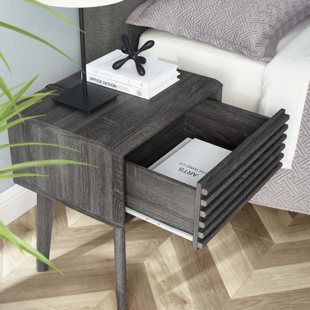 Mid-Century Modern Charcoal Wood Grain End Table with Storage