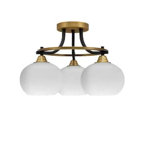 Madison 16 in. 3-Light Matte Black and Brass Semi-Flush Mount with White Muslin Glass Shade