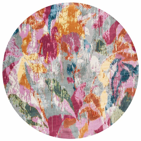 SAFAVIEH Lillian Grey/Pink 7 ft. x 7 ft. Abstract Gradient Round Area Rug
