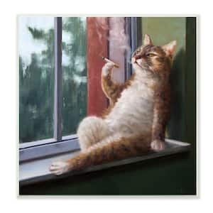 "House Cat Smoking Lounging in Window Pane" by Lucia Heffernan Unframed Animal Wood Wall Art Print 12 in. x 12 in.