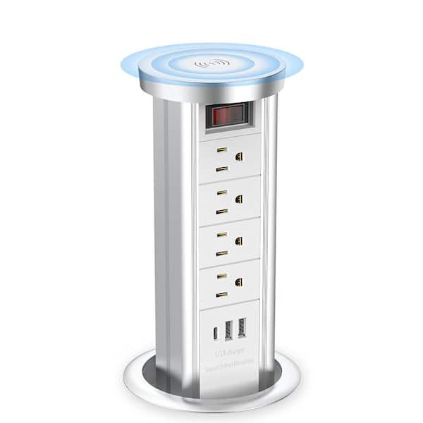 Countertop Pop Up Outlet Aluminum Power Strip with USB C and 4 AC Outlet 10-Watt Wireless Charger Retractable Design