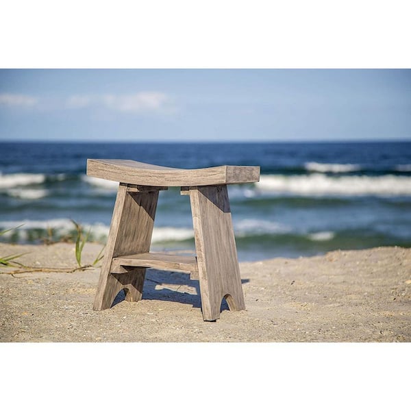 Contemporary Teak Shower or Bench with Shelf in Gray Finish Contemporary Teak Shower or Bench with Shelf in Gray Finish