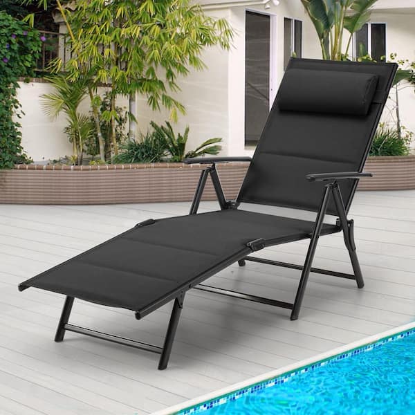 Cesicia 1 Pcs Metal Outdoor Black Folding Reclining Adjustable Chaise Lounge Chair with 7-Position Adjustable Backrest