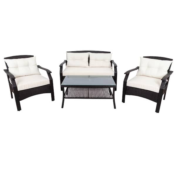 Cisvio 4-Piece Rattan Sofa Seating Group with Cushions, Outdoor Ratten Sofa