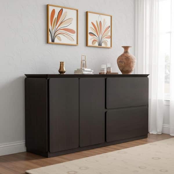 Ziva Black Wood 71 in. Sideboard Buffet Console with Shelves