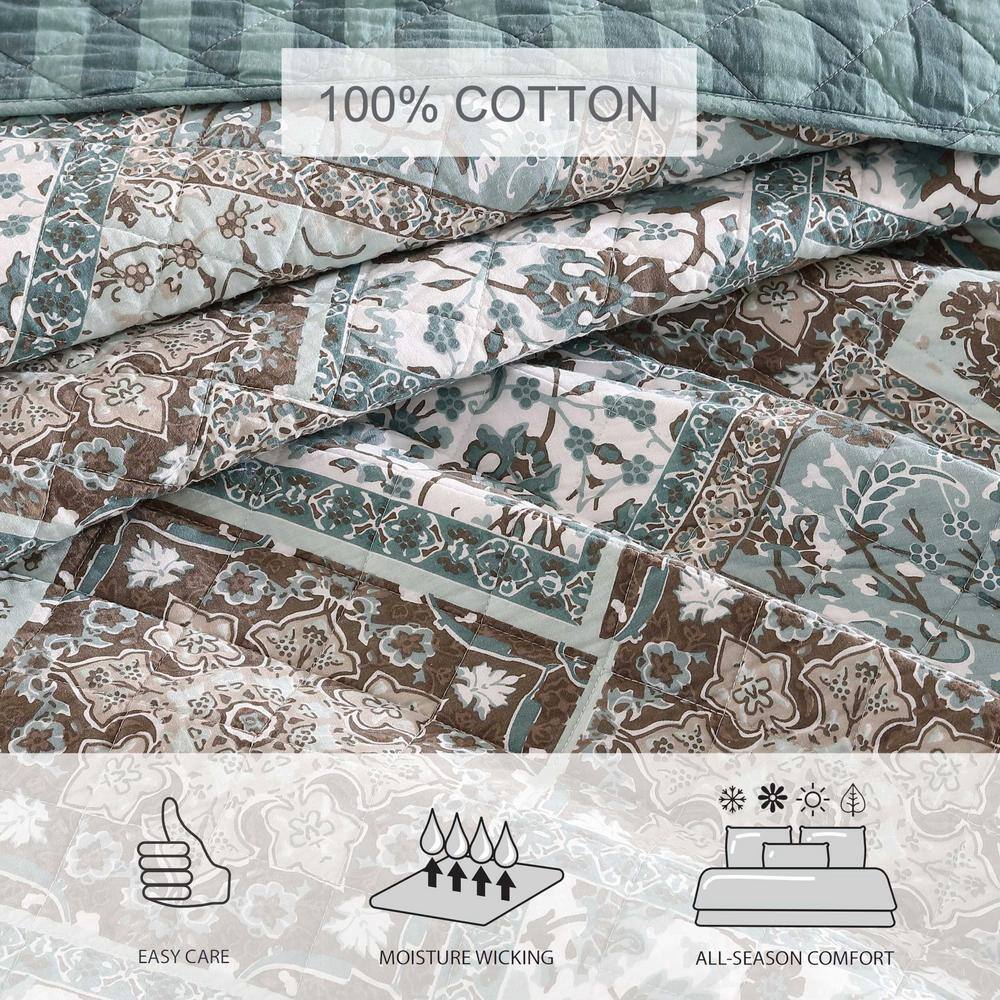 Full Blue Cotton Reversible Quilt Set with Shams