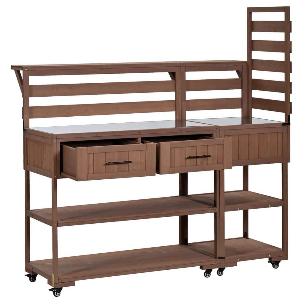 62.3 in. Brown Wood Garden Potting Bench Kitchen Island with Stainless Table Top, Raised Shelf and Drawers price history on PriceWatchPro