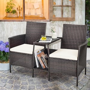 1-Piece Wicker Patio Conversation Set Sofa Loveseat Glass Table with Off White Cushions