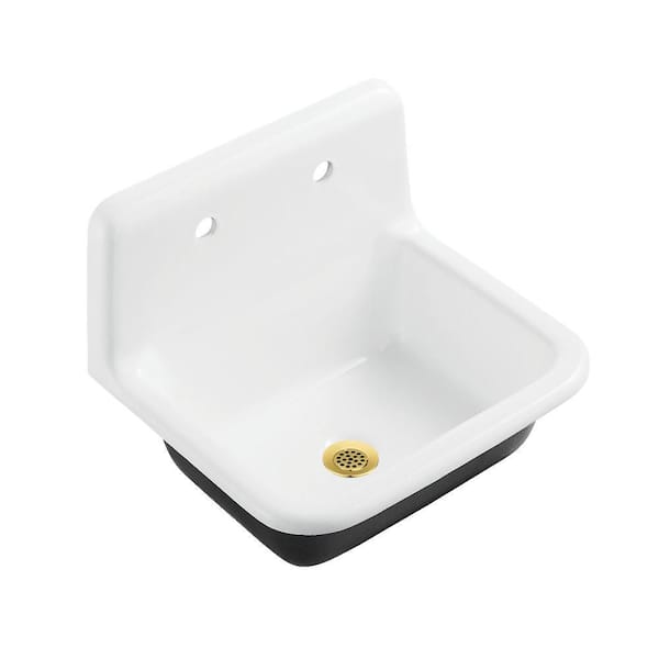 Petra Galley Cast Iron 22 in. Wall Mount Laundry/Utility Sink White with Brushed Brass Drain