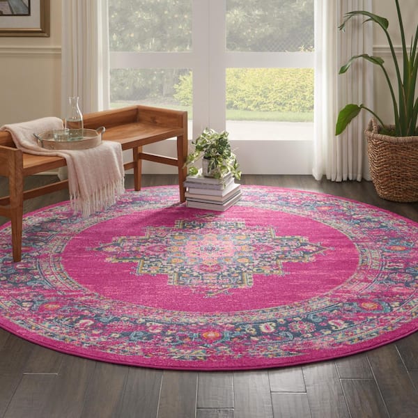 Passion Fuchsia 8 ft. x 8 ft. Bordered Transitional Round Rug
