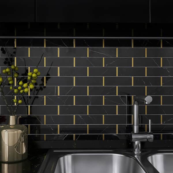 Natural Blanco Black Gold 11.86 in. x 11.54 in. Brick Joint Polished Marble Mosaic Tile (9.5 sq. ft./Case)