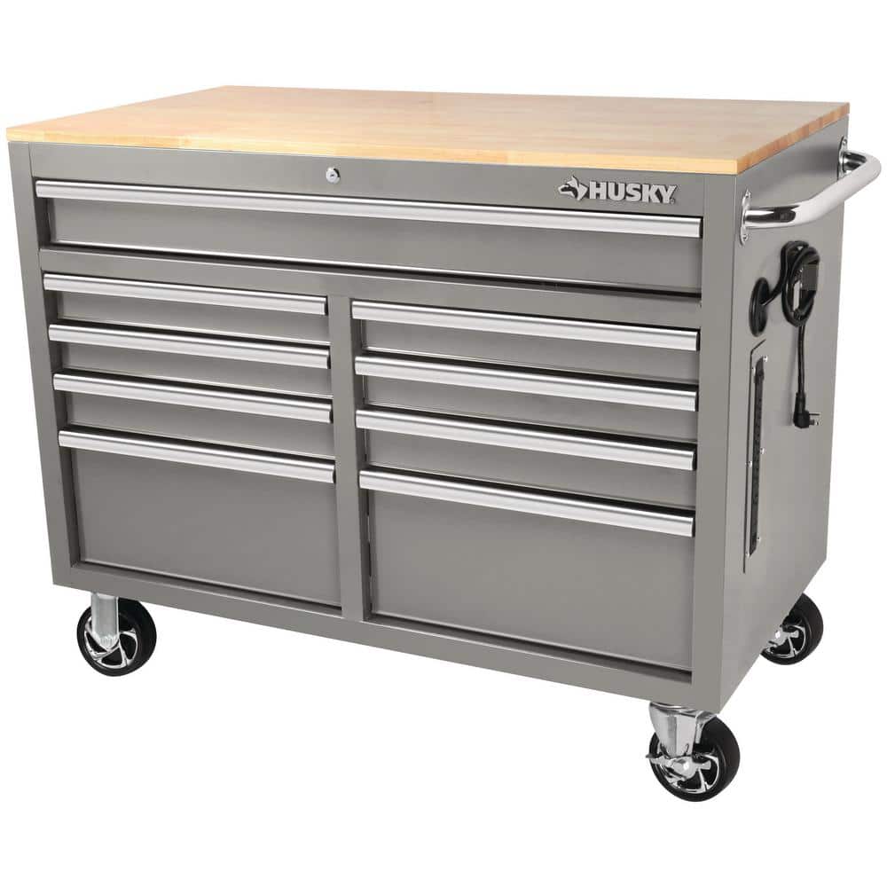 Husky 46 in. W x 24.5 in. D Standard Duty 9-Drawer Mobile Workbench CabinetTool Chest with Solid Wood Top in Gloss Gray, Gloss Gray with Silver Trim -  H46MWC9GGV2