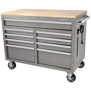 46 in. W x 24.5 in. D Standard Duty 9-Drawer Mobile Workbench CabinetTool Chest with Solid Wood Top in Gloss Gray