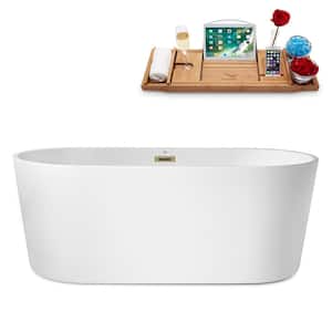62 in. x 30 in. Acrylic Freestanding Soaking Bathtub in Glossy White with Brushed Brass Drain