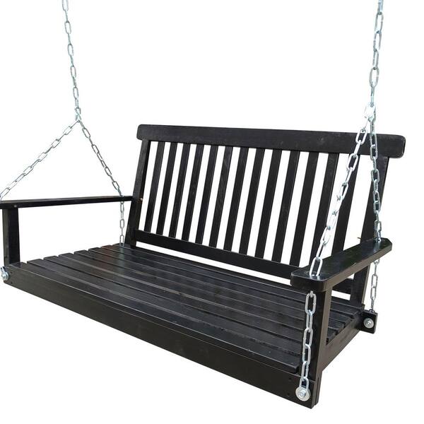 Unbranded 2-Person Black Fir Wood Bench Porch Swing with Hanging Chain for Garden, Backyard