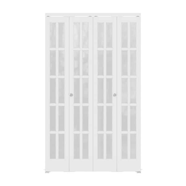 48 in. x 80 in. 10-Lite Frosted Glass Solid Core White Finished Glass Interior Closet Bi-Fold Door with Hardware