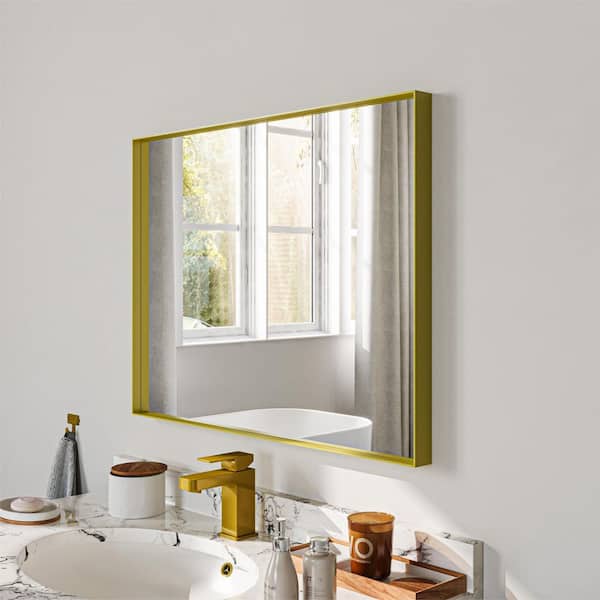 22 in. W x 30 in. H Gold Aluminum Rectangle Framed Tempered Glass Wall-Mounted Bathroom Mirror