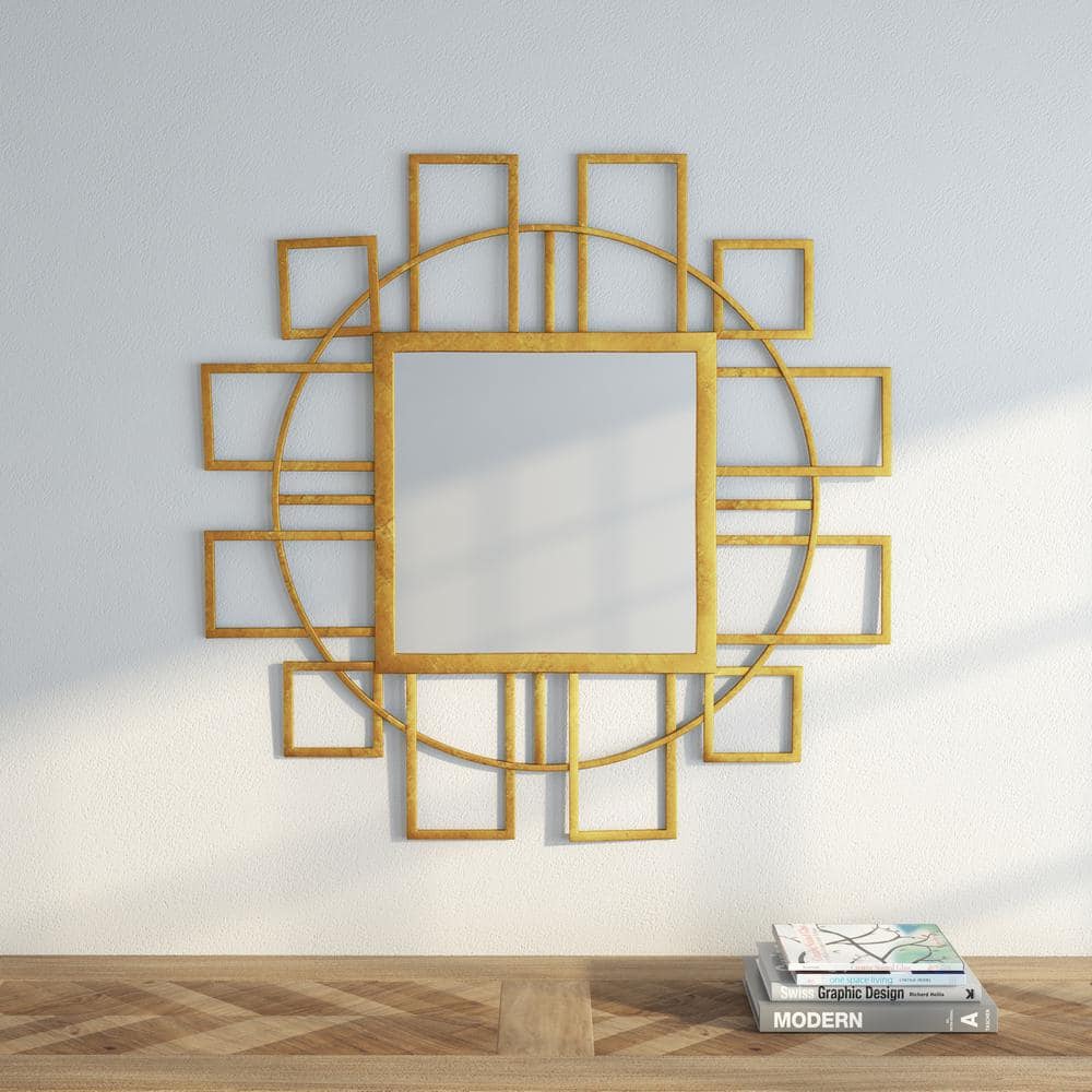 35" Gold Rectangular Wood Contemporary Wall Mirror