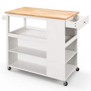 White Wood 46 in. Kitchen Island Trolley Cart on Wheels with Storage Open Shelves & Drawer