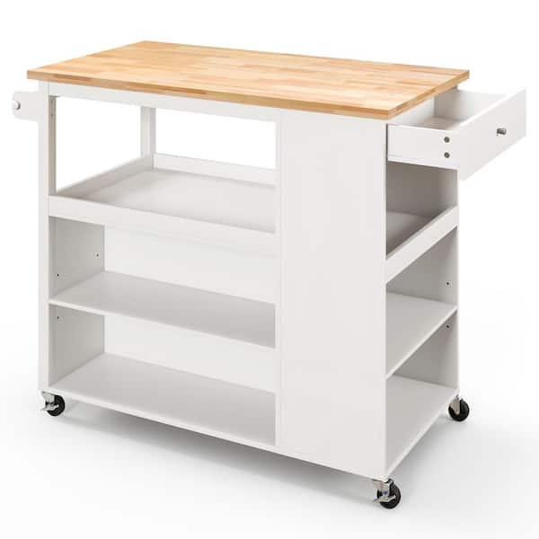 Costway White Wood 46 in. Kitchen Island Trolley Cart on Wheels with Storage Open Shelves & Drawer