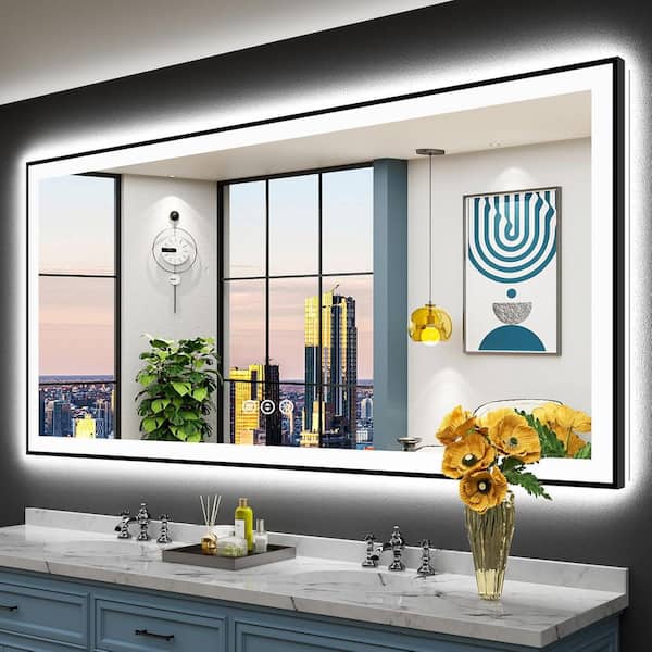 77 in. W. x 36 in. H Rectangular Framed Front and Back LED Lighted Anti-Fog Wall Bathroom Vanity Mirror Tempered Glass