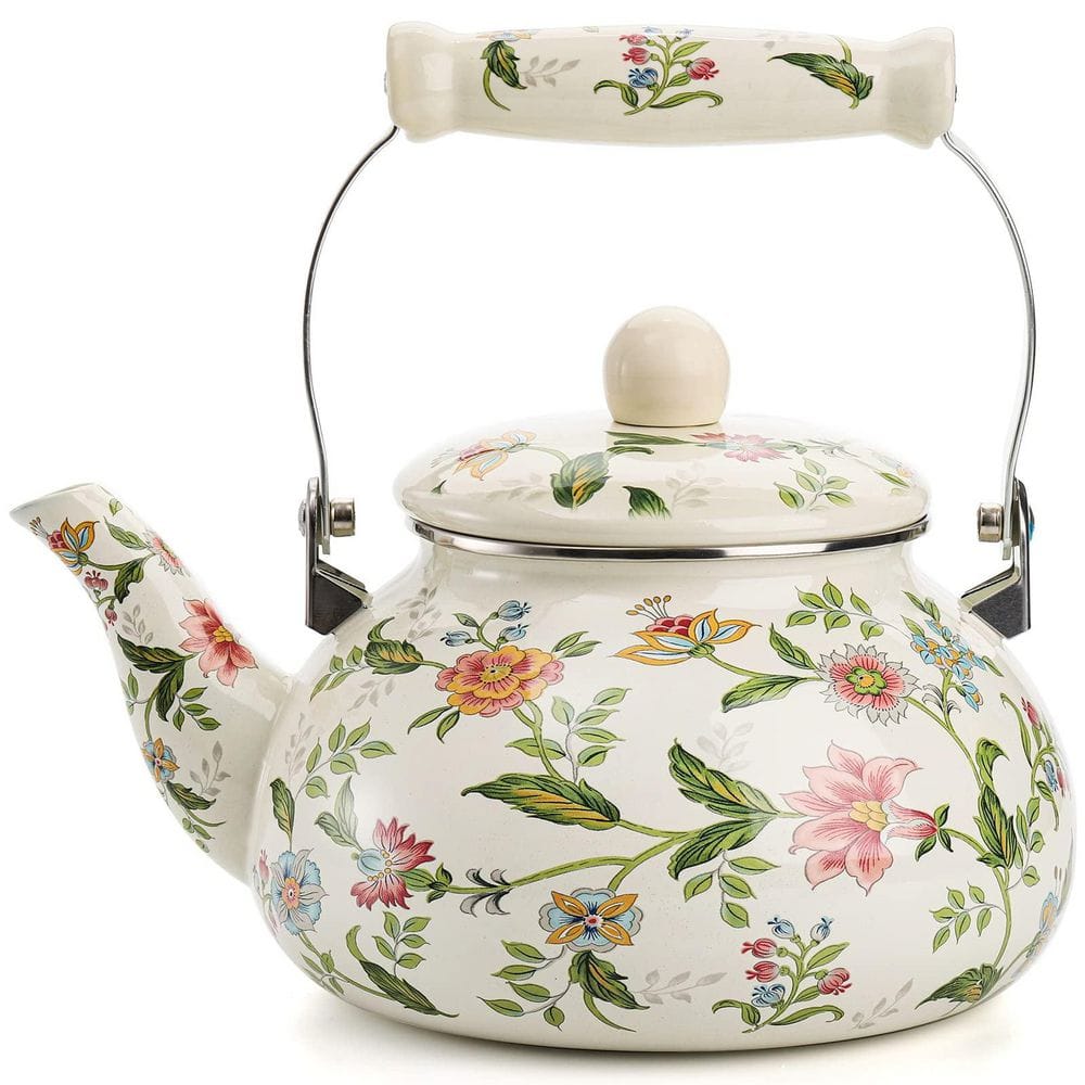 LAIFUCAM Accent Plate 2.6 qt. Green Floral Enamel Steel Teapot