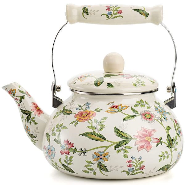 Accent Plate 2.6 qt. Green Floral Enamel Steel Teapot Porcelain Handle Vintage Style Stovetop Compatible Tea Kettle