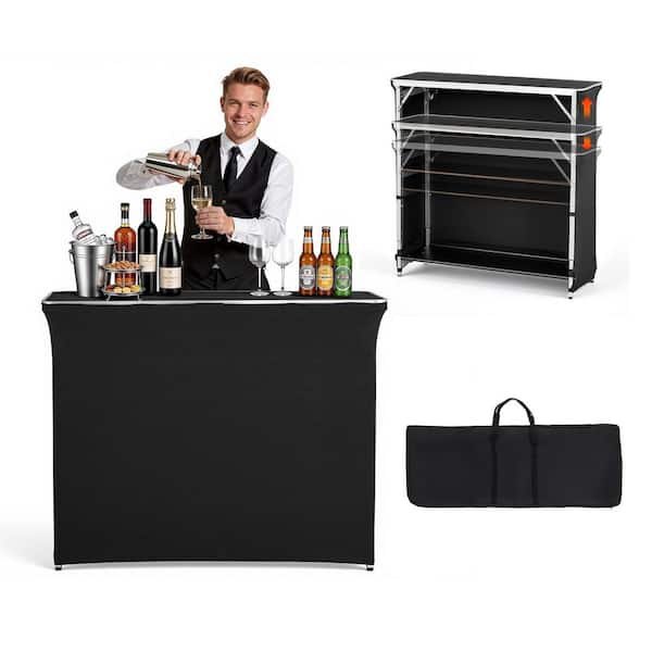 Folding Portable Bar Table, 43.5 x 15.4 x 39.8 in., with Carry Bag 2 Storage Shelves and Detachable Skirt, Easy Setup