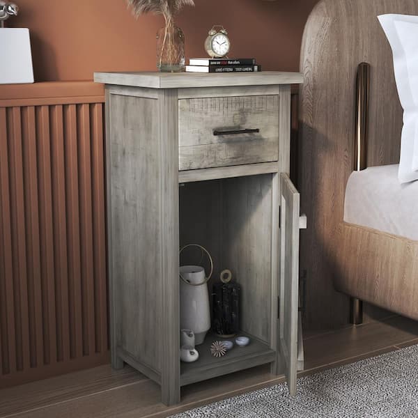 Magic Home Vintage Nightstand Storage Cabinet End Side Table with Sliding Drawer and Flipping in Light Gray