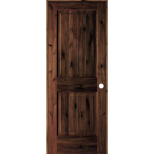 Krosswood Doors 30 in. x 80 in. Knotty Alder 2 Panel Left-Hand Square Top V-Groove Red Mahogany Stain Wood Single Prehung Interior Door
