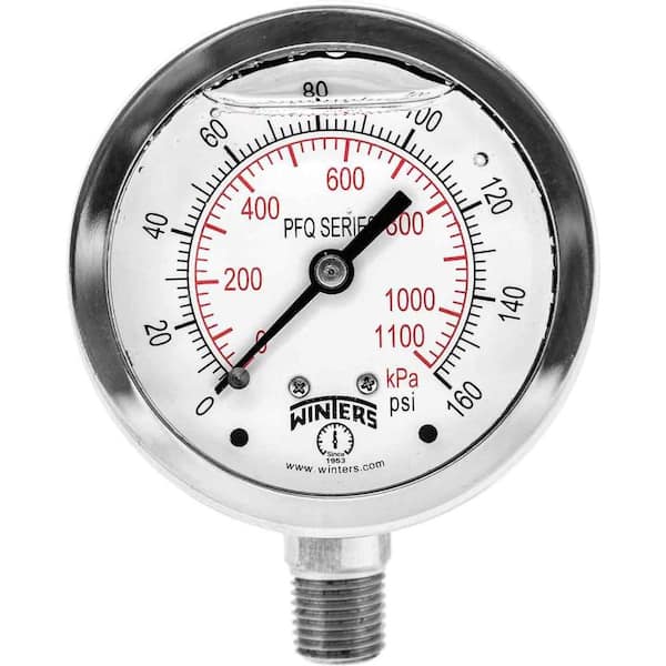 Winters Instruments PFQ Series 2.5 in. Stainless Steel Liquid Filled Case Pressure Gauge with 1/4 in. NPT LM and Range of 0-160 psi/kPa