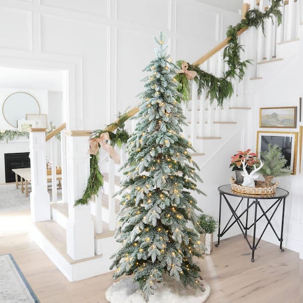 Glitzhome 7.5 ft. Pre-Lit Flocked Pencil Spruce Artificial
