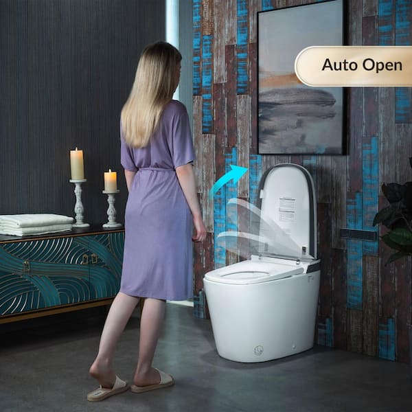 Elongated Chair Height Smart Toilet Bidet in White with Auto Open, Auto Close, Foot Sensor and Cleaning Foam Dispenser