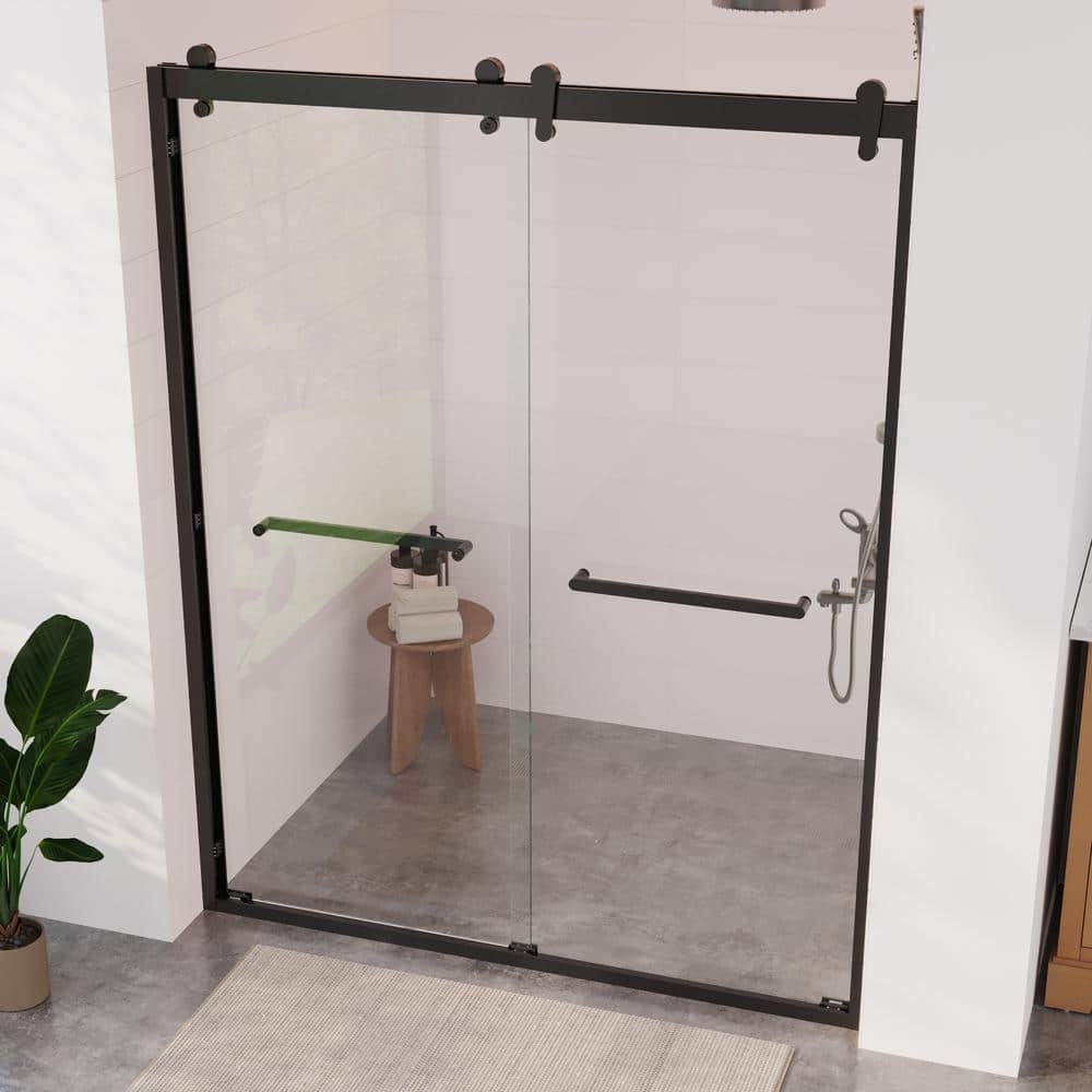 Matte Black Frameless Double Sliding Shower Door with Clear Glass