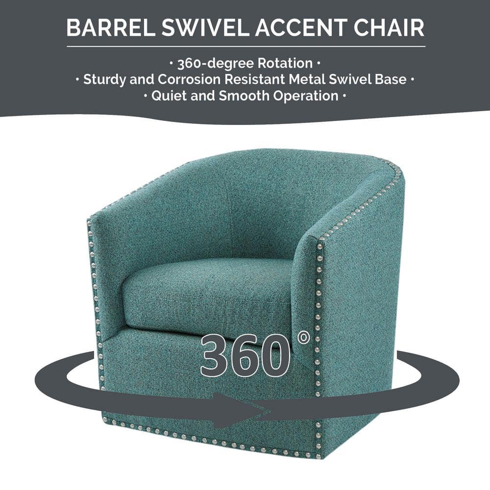 Curved Teal Swivel Lounge Chair with Pewter Nailhead Accents