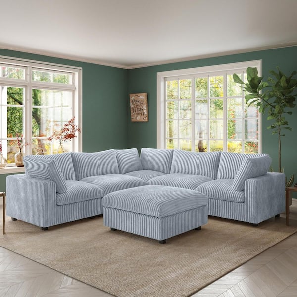 Oversized 118.1 in. W Square Arm 6-Piece Rabbit Velvet Plush Modular Sectional Sofa in Gray 6 Seat with Ottoman