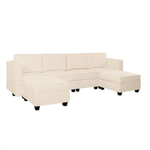 112.6 in. Faux Leather 4-Seater Living Room Modular Sectional Sofa with Triple Ottoman for Streamlined Comfort in. Beige