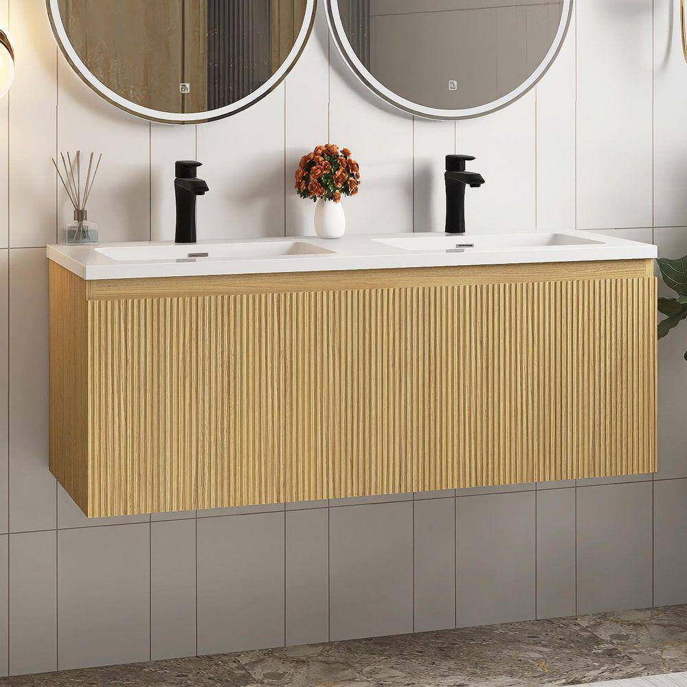 TCYO 48 in. Wall-Mounted Yellow Oak Bath Vanity with White Cultured ...