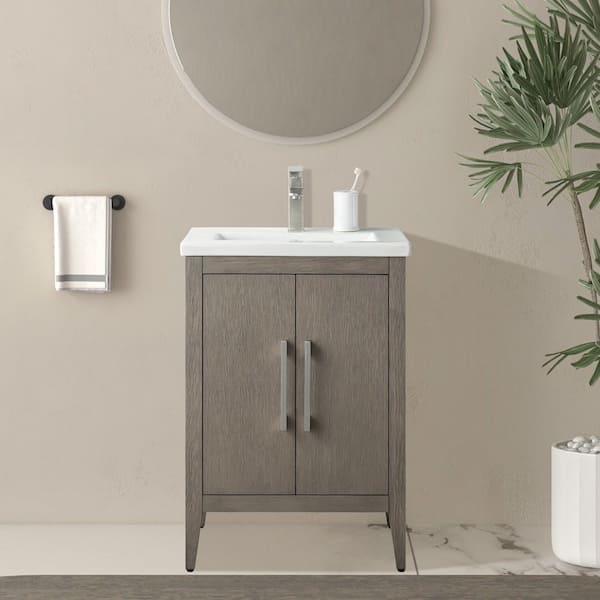 24 in. W x 18.5 in D x 34 in. H Single Sink Bathroom Vanity Cabinet in Driftwood Gray with Ceramic Top