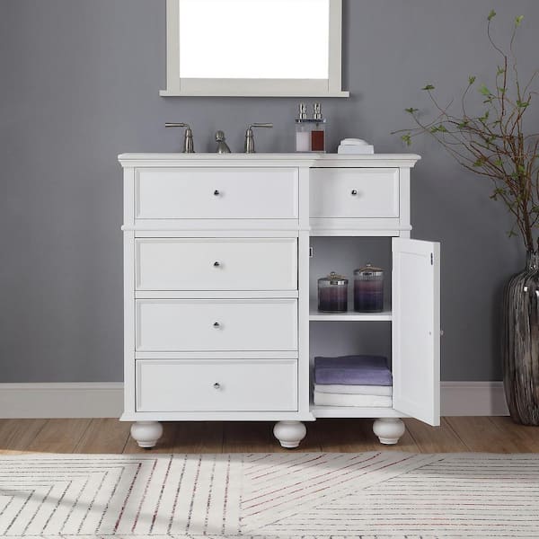 Home Decorators Collection Hampton Harbor 36 in. W x 22 in. D x 35 in. H Single Sink Freestanding Bath Vanity in White with White Marble Top